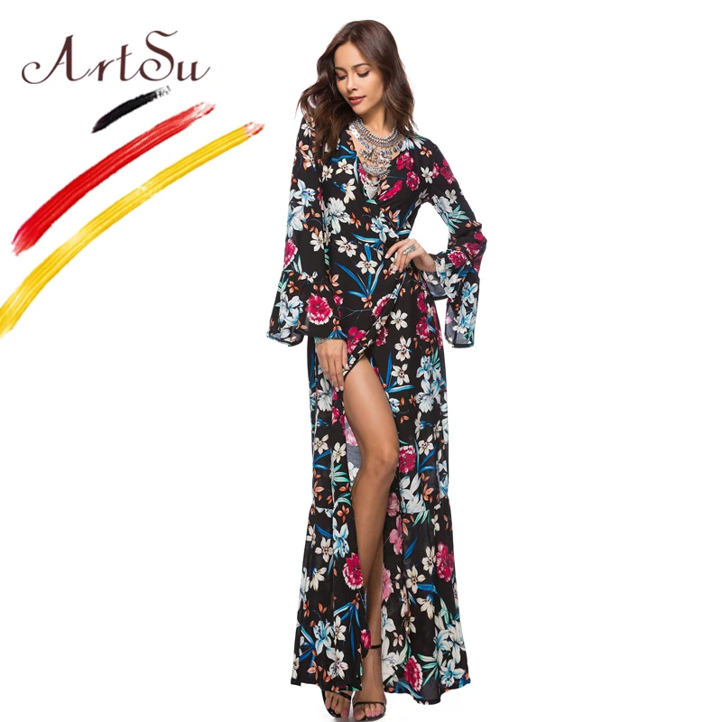 

Платье женское макси с цветочным принтом, V-образным вырезом и Расклешенным рукавом