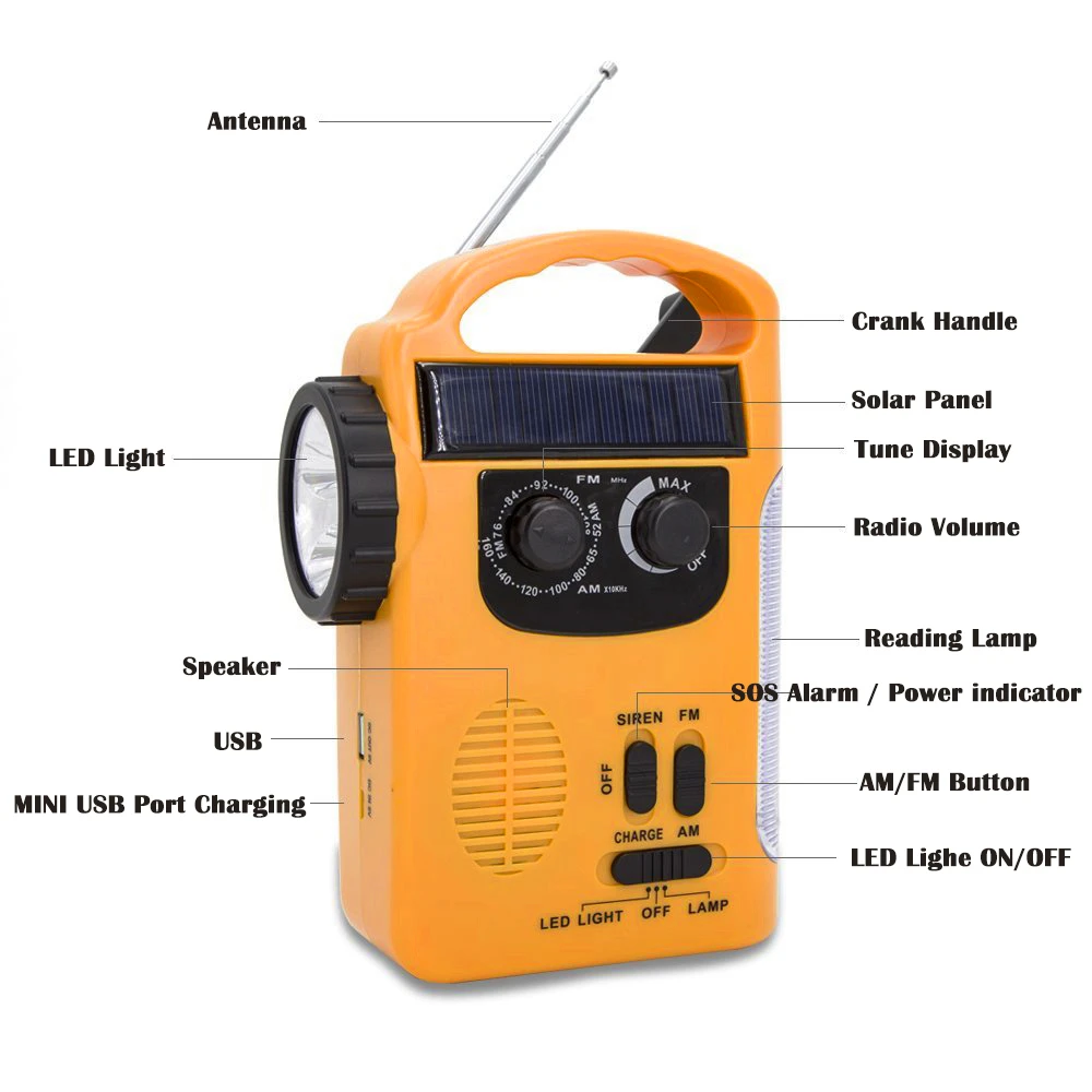 Наружный аварийный ручной Кривошип Солнечный Динамо AM/ FM радио 1000mAh внешний
