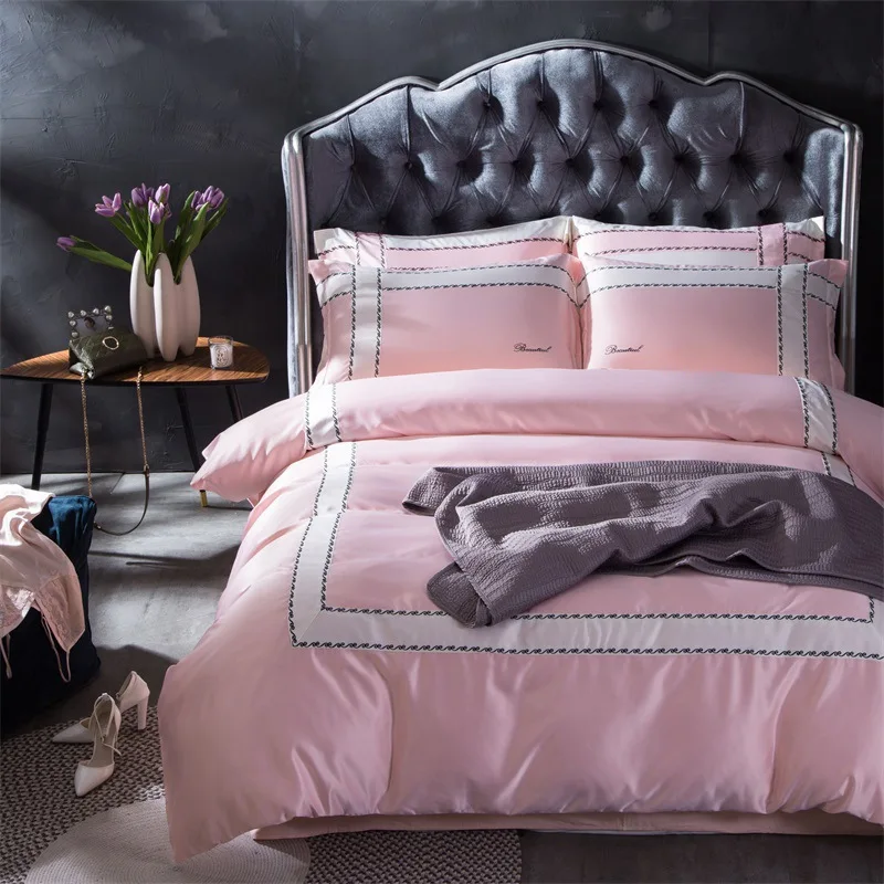 New Tencel Silk Cotton Bedding Set 4pcs Brief Luxury Solid Color Patchwork Bed Linen Duvet Cover Flat Sheet Pillowcase |
