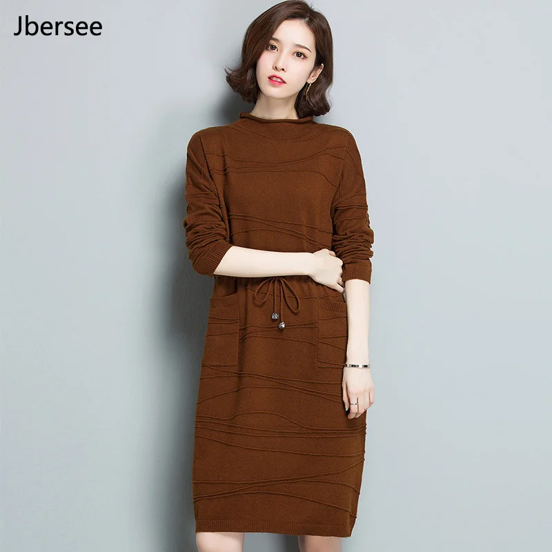 

Vestidos Autumn Winter Long-sleeved Turtleneck Pullover Dresses Korean Waist belt Women Knitted Sweater Dress High Quality