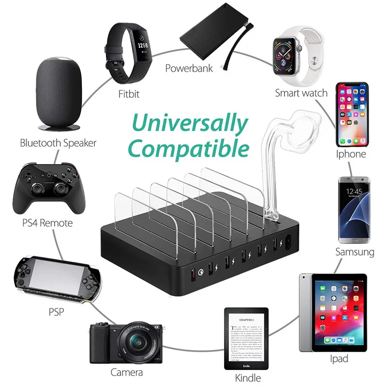Мульти устройство зарядная станция с QC 3,0 Quick Charge, 6-Порты и разъёмы USB док-станция для зарядки с стенд для часов