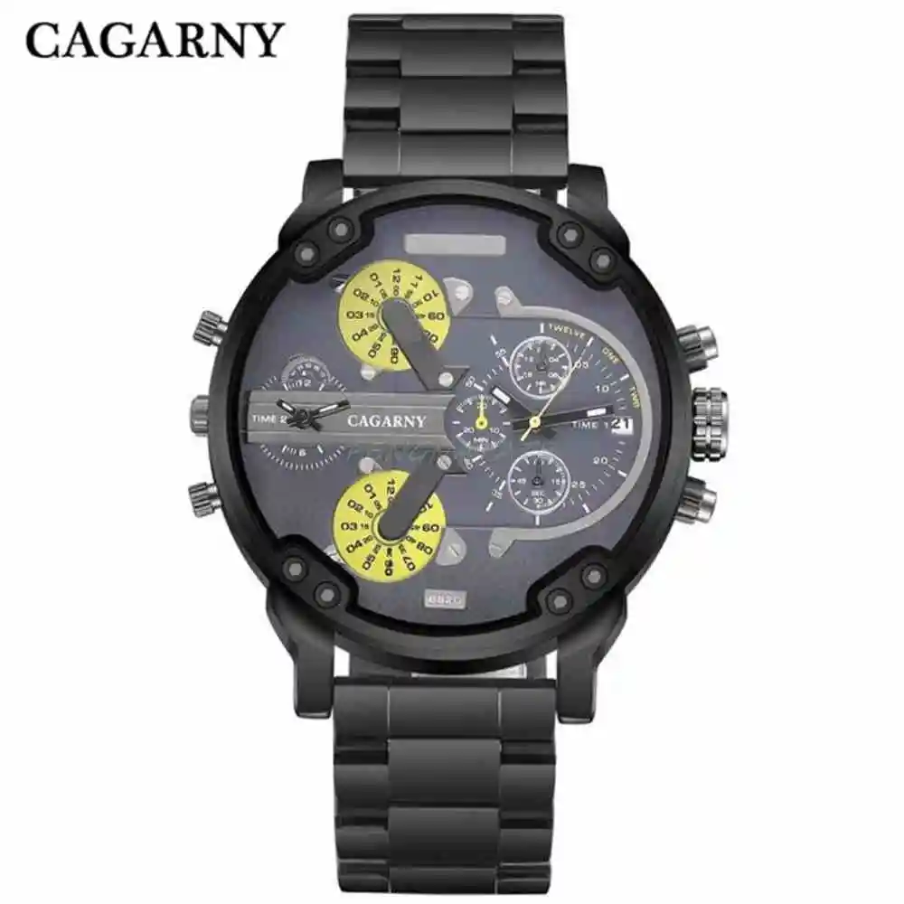 

CAGARNY Brand Men Quartz Watches Stainless Steel Watchband Dual Time Zones Military clock WristWatches Casual Relogio Masculino