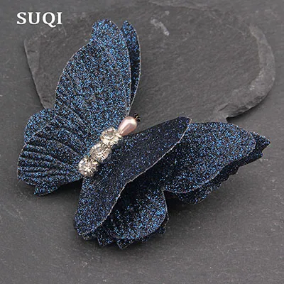 dark blue SUQI Броши Булавки с бабочками для женщин блестящая пудра платье шляпа Одежда булавки ювелирные изделия брошь стразы аксессуары - Окраска металла: dark blue
