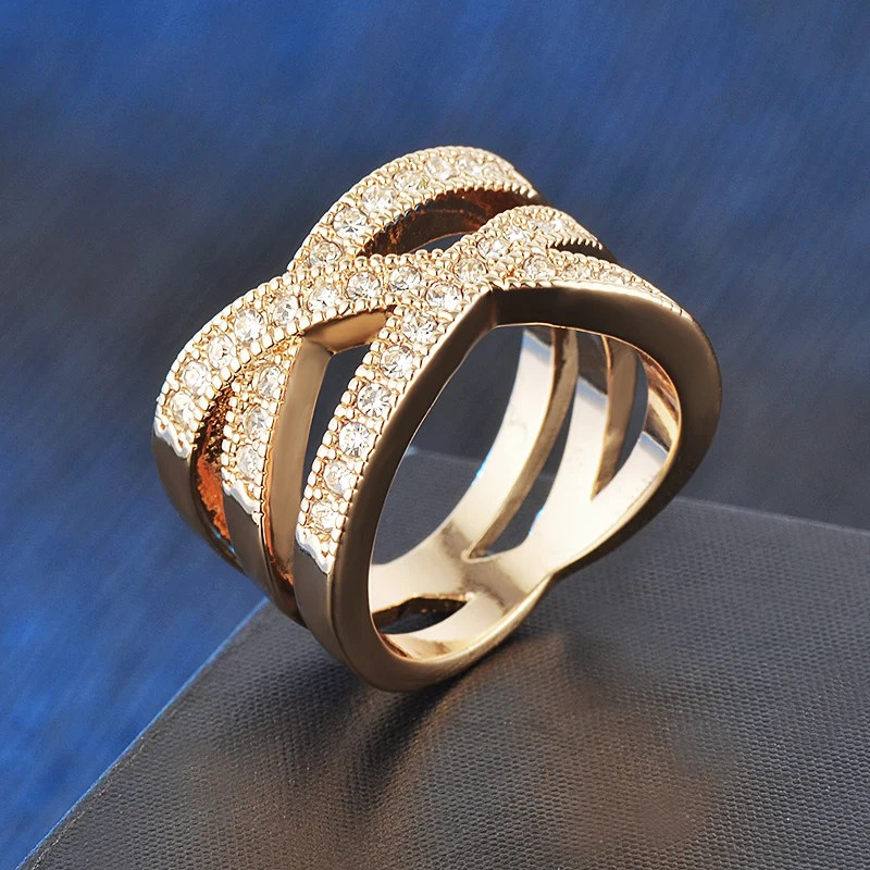 Rings for women New Fashion Rose gold color/ White Gold color Corss X Design Wedding Rings With Austria Crystals Round J00780
