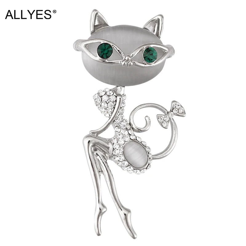 ALLYES Сексуальная Мисс Cat Броши для Для женщин костюм булавки Опал Кристалл Серебряный Цвет металла зеленые глаза большой животных Брошь ювелирные изделия