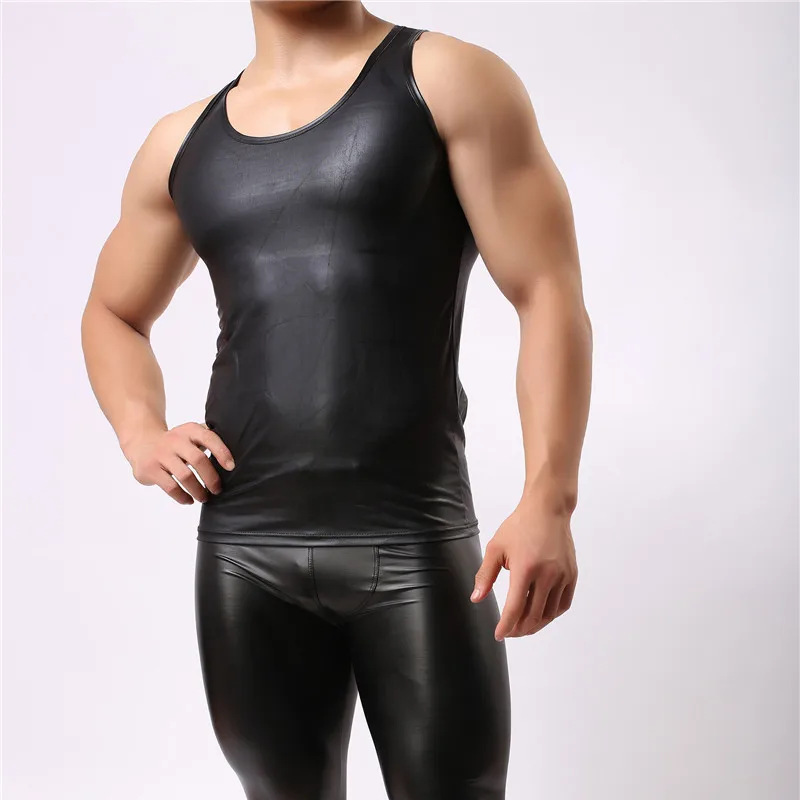 Sexy Men's T-Shirt Black Faux Leather Short Sleeve PU Undershirt Tank Top Vest Waistcoat Underwear Gay Male Undershirt