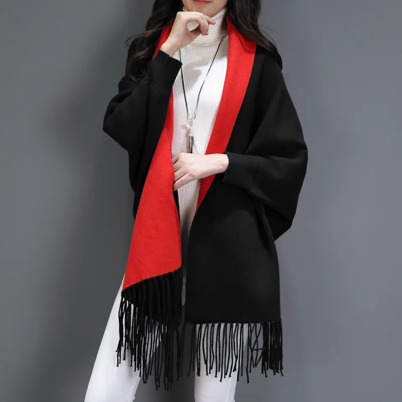 

Winter Scarf Women pink Shawl Spring Autumn Pure Tassel Double-sided Scarf Loose Cloak Sweater Coat Knitted Bat Sleeves cashmere