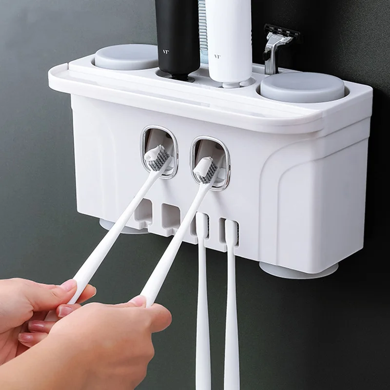 

ONEUP Wall Mount Auto Squeezing Toothpaste Dispenser Toothbrush Holder Suction 4 Cup Bathroom Accessories Set Storage Rack