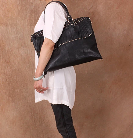 

free shipping casual vintage rivet tassel one shoulder handbag cross-body genuine leather big bag female soft leather
