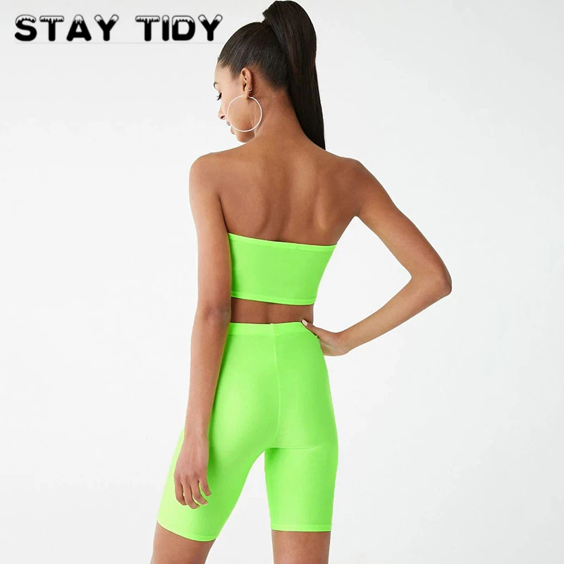 STAY TIDY Sexy Solid Strapless Tube Top And High Waist Shorts 2 Piece Set Summer Women Fashion Sporting Workout Stretchy Suit | Женская