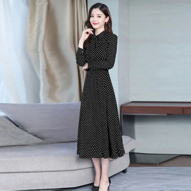 Осеннее платье женское средней длины винтажное в горошек Feminino Vestido пояс