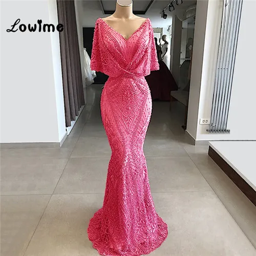 Deep Pink Кутюр кружева Русалка Вечерние платья арабские платья для вечеринок ручной работы из бисера Дубай турецкий Ближний Восток женское официальное платье новейшее - Цвет: Deep Pink