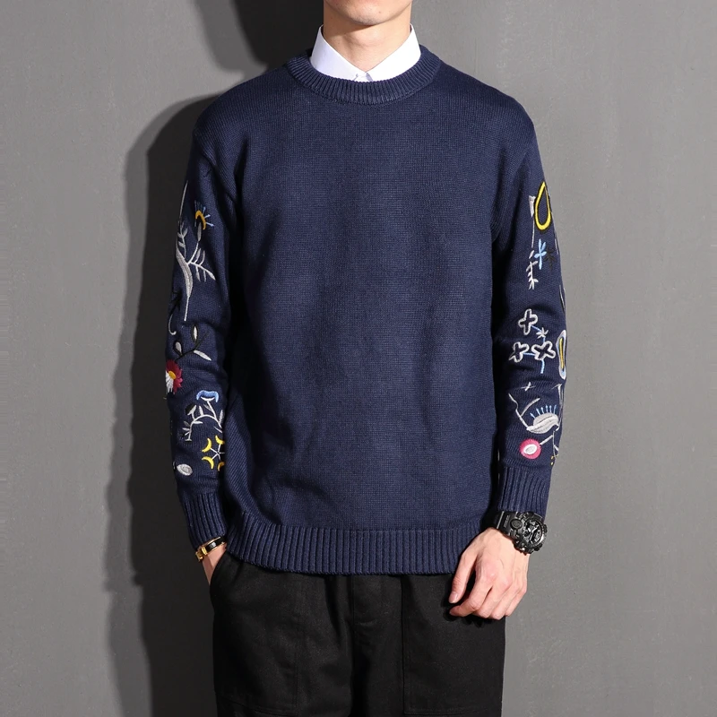 Sweaters men Z5119_P75 ~ kind model * sleeve embroidery flower Men round collar bigger sizes sweater M - 6 xl | Мужская одежда