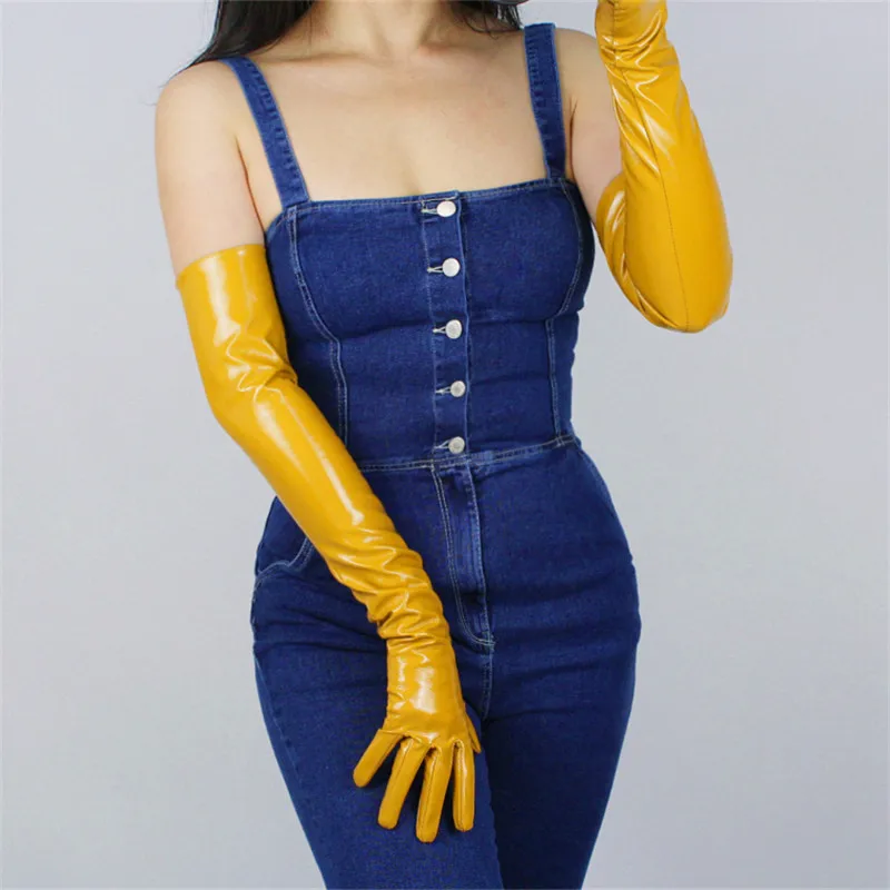 

60cm Patent Leather Long Gloves Extra Long Section Emulation Leather Mirror Bright Leather Egg Yolk Ginger Yellow Female WPU69