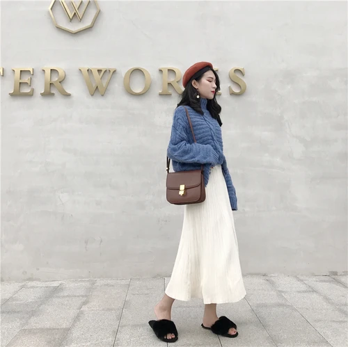 Loose High Collar Long Sleeve Sweet Pink And Blue Female Warm Winter Lady Sweater | Женская одежда