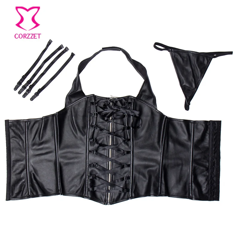 Черный готический корсет кожаные топы с лямкой через шею Женский для бурлеска