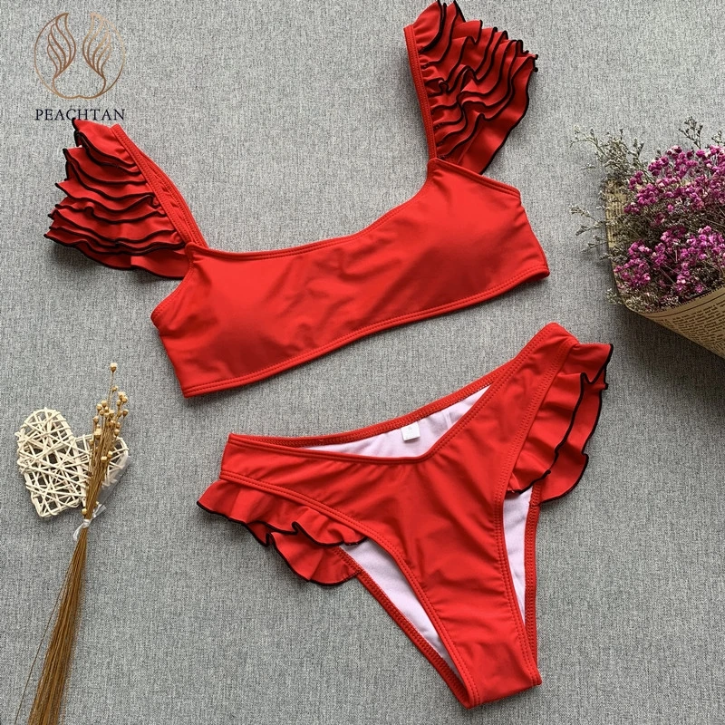 Бикини с оборками на плечах, милый купальник-бандо, женский сексуальный черный боди, купальный костюм с пуш-ап, костюмы из двух предметов - Цвет: 0915-8