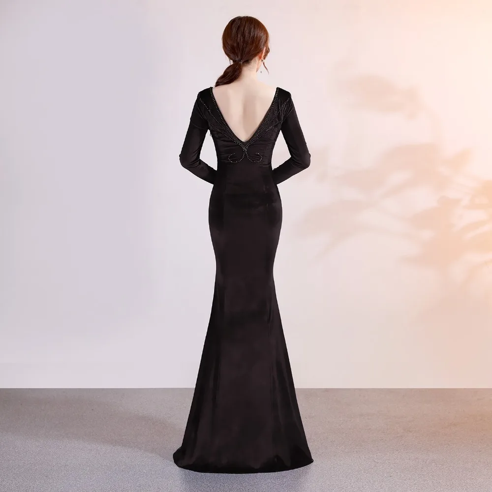

Sladuo Women Elegant Mermaid Black Velvet Long Sleeve Deep V Floor Length Sexy Backless Slim Formal Evening Party Dress