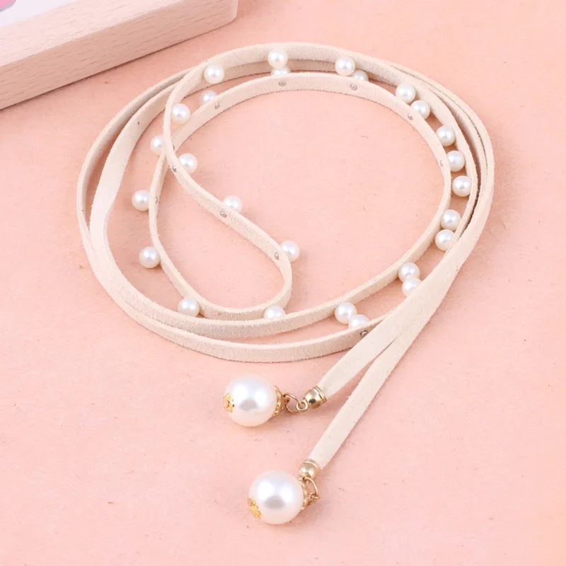 Creamcolored Новинка, модный пояс, украшенный бисером, корейский стиль, однотонный, из искусственной кожи, с жемчугом, вязаный пояс для женщин, эластичный, простой, элегантный пояс для женщин - Цвет: Creamcolored