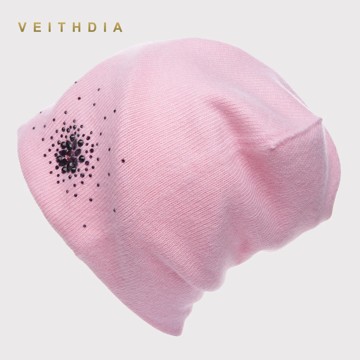 Женские шапки VEITHDIA, женские кашемировые повседневные осенне-зимние брендовые новые двухслойные толстые вязаные шапки Skullies Beanies с цветком от солнца для девочек - Цвет: Розовый