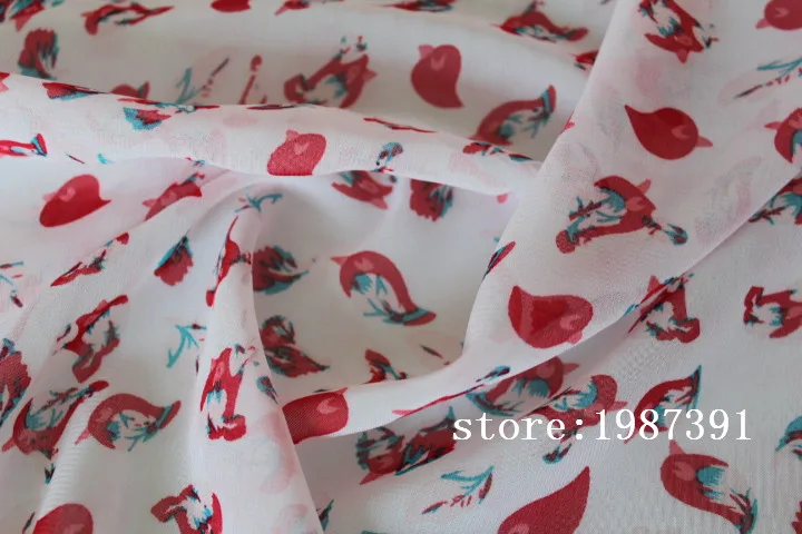 Шифоновая ткань с принтом 145 см в ширину 75D маленький красный цветочный узор белый