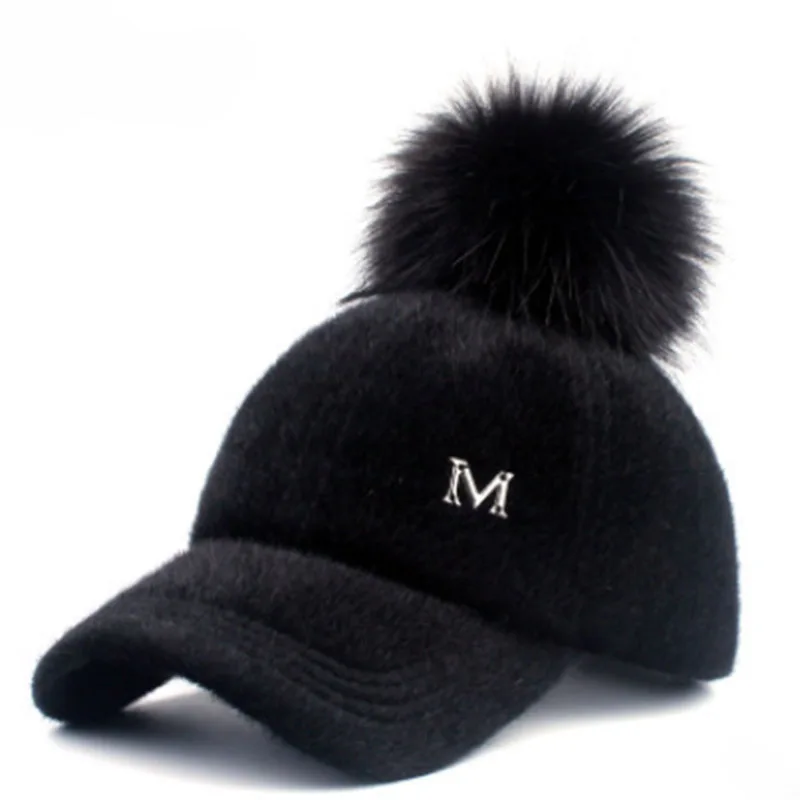 

MAERSHEI Winter Women Hair Ball Baseball Cap Fashion M Letter Snapback Warm Plush Ball Korean Women's Black Casqutte Gorras Casu