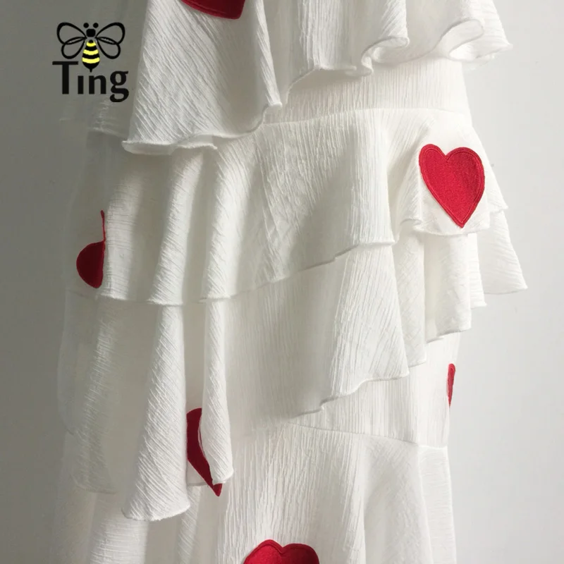 Tingfly Новая Мода Lover Сердце Вышивка Ночная Вечеринка платья элегантные сексуальные с открытыми плечами оборками асимметричное летнее платье длинное
