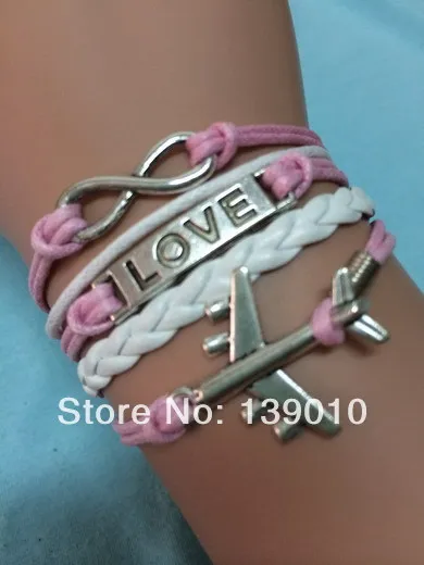 Wholesale Braided White Pink Leather Cord LOVE Symbol Aircraft Infinity Friendship Bracelet Bangle Fashionable Women Men Jewelry | Украшения
