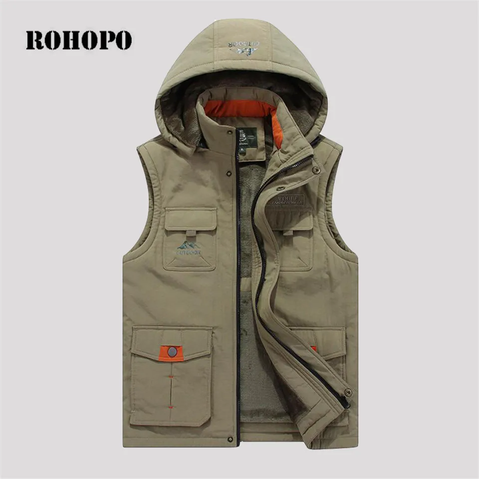 ROHOPO с капюшоном воротник флисовый жилет для мужчин, зимняя теплая Военная спортивная одежда без рукавов теплый пиджак жилет мужской