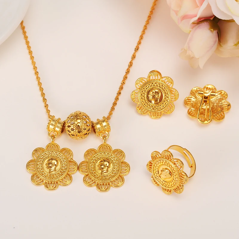 

Bangrui Mustafa Kemal Ataturk Coin Set Jewelry Necklace/Earrings/Ring Gold Color Ethiopia Bridal Wedding Eritrea