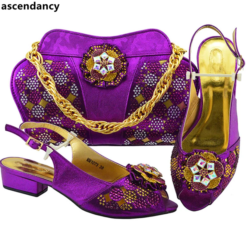 New Arrival Womens Dress Shoes Open Toe Italian and Bags To Match with Bag Set Decorated Rhinestone Low Heels | Обувь