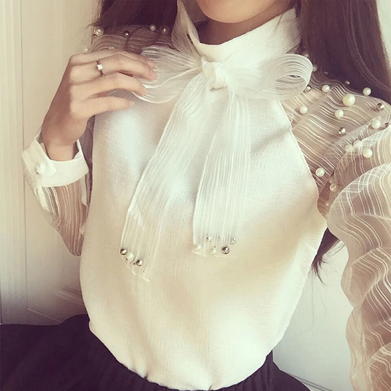 2019 New Estate elegante fiocco di organza di bianco perla camicetta delle donne in chiffon casuale camicia a maniche lunghe camicia delle donne top e camicette