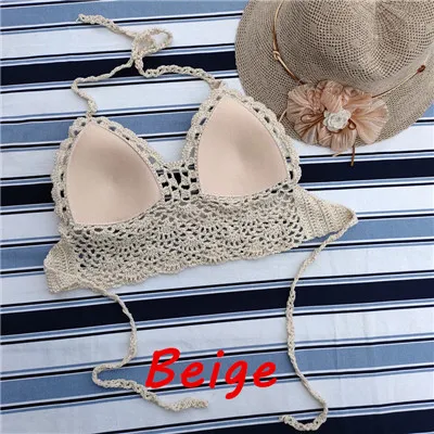 Beige Top Ручной работы крючком кружева вязать бюстгальтер купальники пляж пуш-ап бикини набор Холтер Cami Tank Crop Top - Цвет: Beige Top