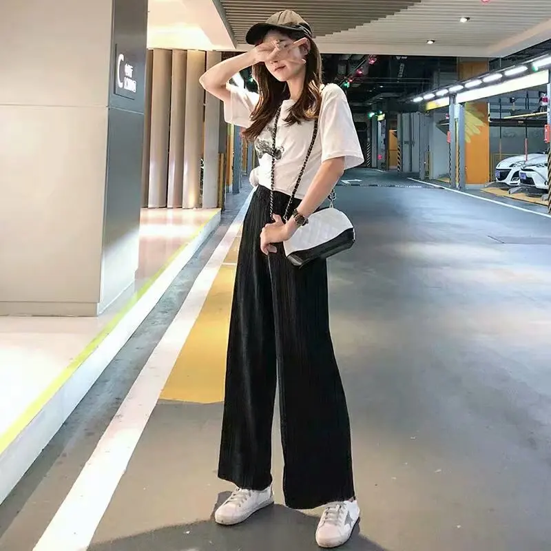 Summer Leisure Sports women pants Casual Elastic High Waist wide leg Fashion Loose Long Pants Pleated Pant Trousers Femme | Женская