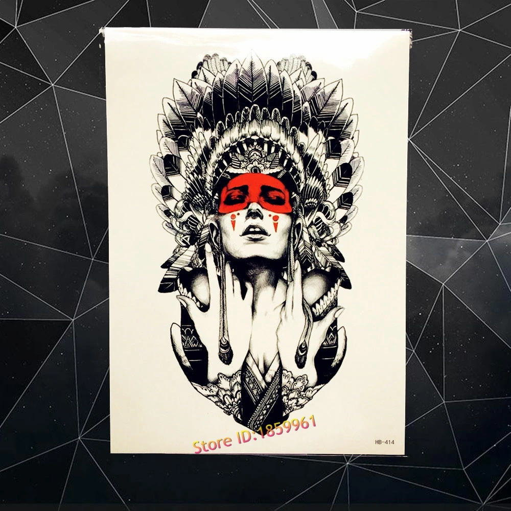 

Indian Warrior Tribal Queen Feather Temporary Tattoo Sticker Waterproof Flash Tattoo For Women Body Art Fake Tatoo Stickers B414