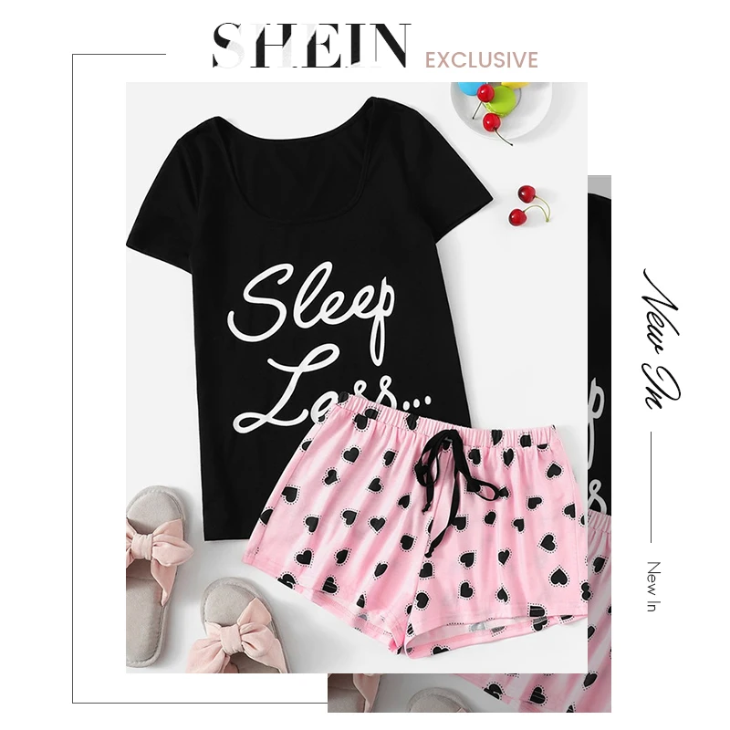 SHEIN Пижамный Комплект Футболка С Текстовым Принтом И Шорты С Кулиской Пижамный Комплект