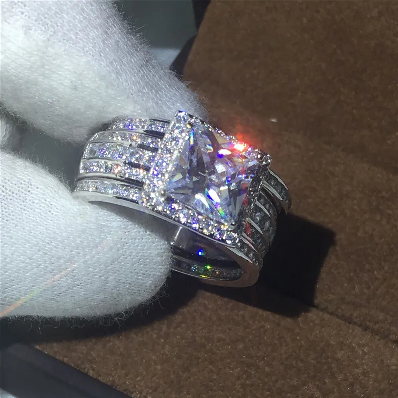 Ручной работы 3-в-1 кольцо из белого золота набор колец Принцесса cut 5A цирконием cz