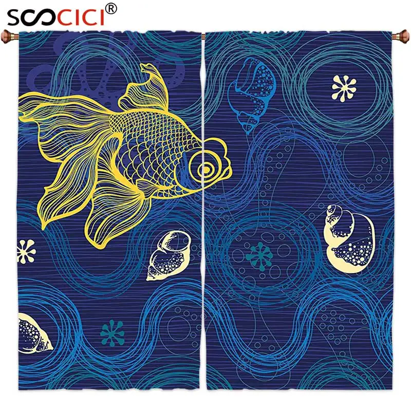 

Шторы на окна, 2 панели, современный декор Ocean Sealife, существо раковина для рыбы, волнистые цветы, мистик, естественное изображение, темно-синий