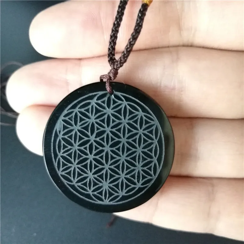 

Supernatural Natural obsidian Flower of Life Pendant Necklace Mandala Sacred Geometry Jewelry Fleur De Vie With Rope