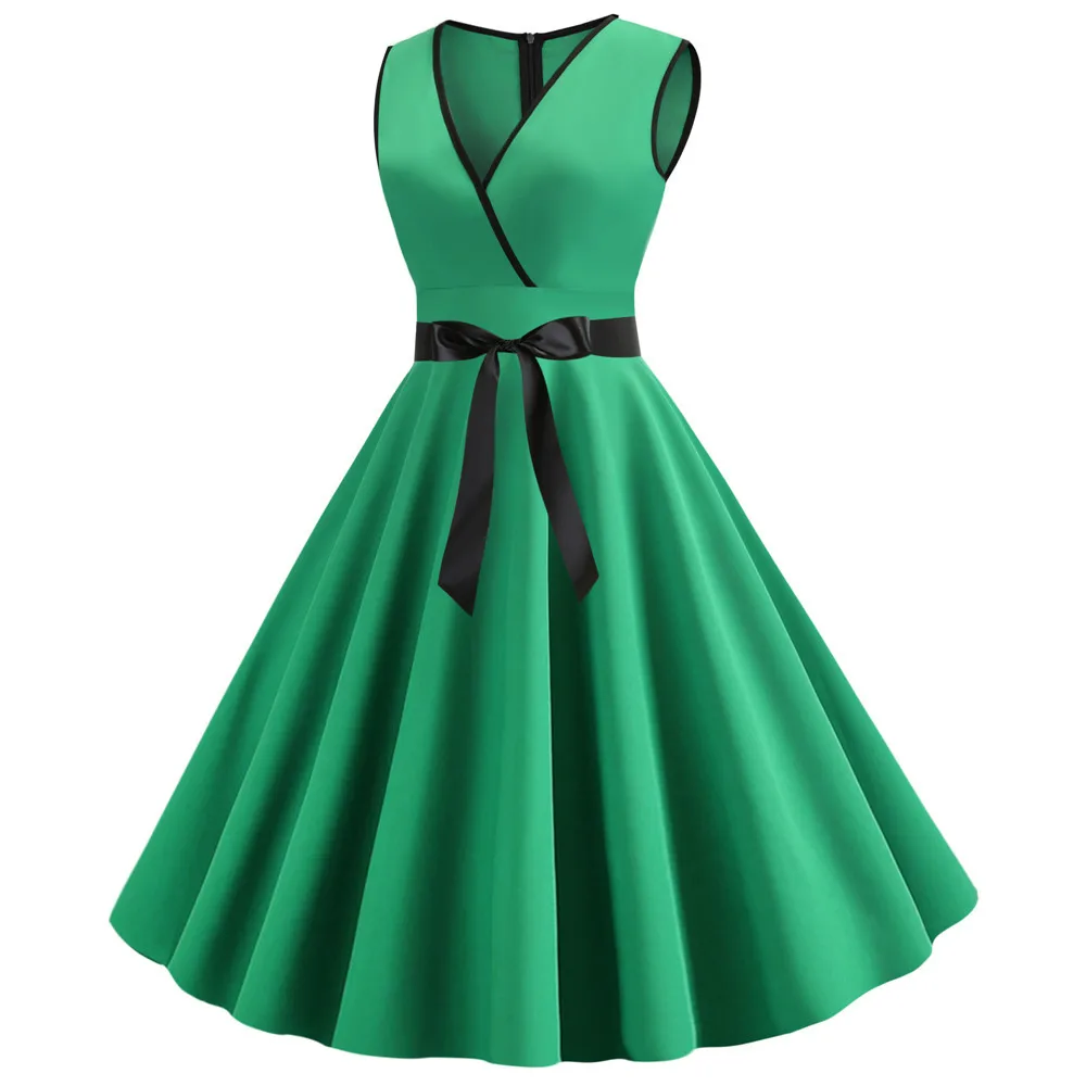 LAUZUOLA Light Blue Pink Pleated Vintage Dress Women Sexy Sleeveless V Neck Retro 50s 60s Pinup Swing Summer Dresses Solid