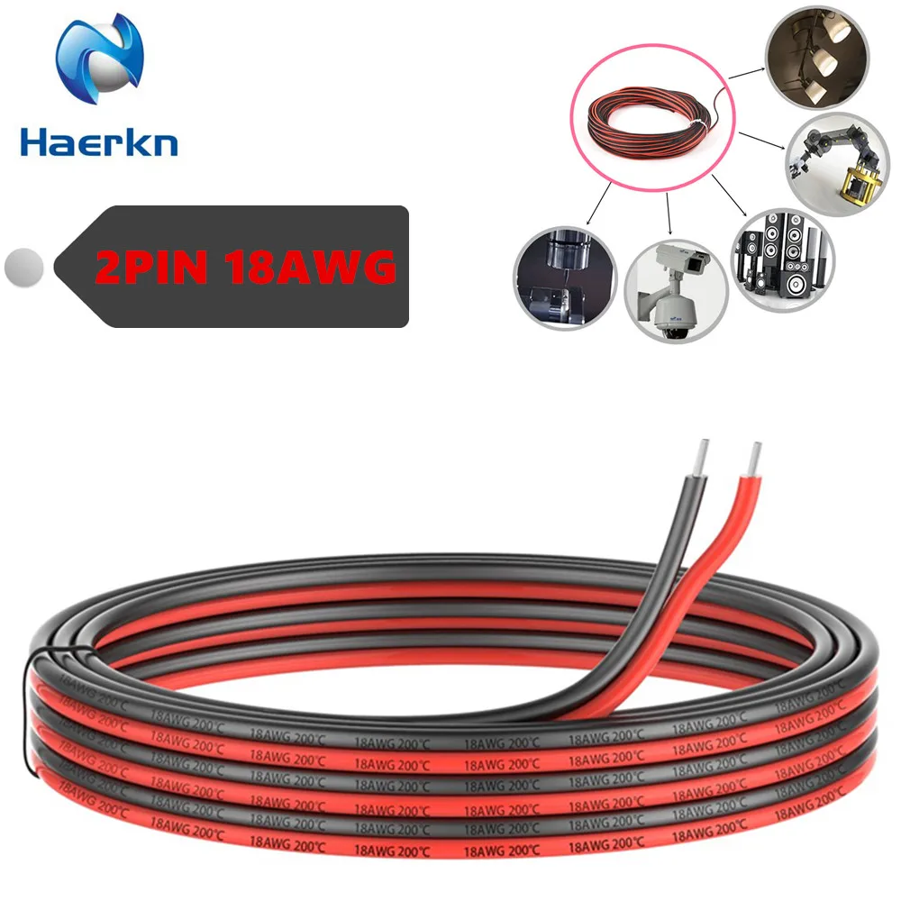 Фото 2pin Extension18awg Электрический провод с силиконовой оплеткой черный и красный 2