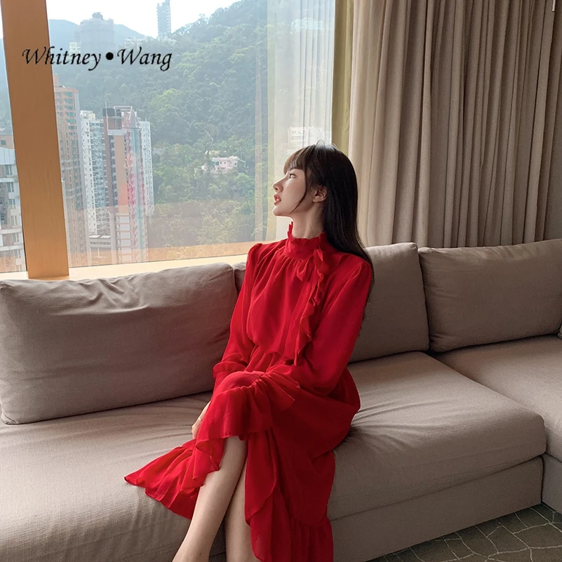 WHITNEY WANG 2019 весна лето мода уличная элегантная шифоновое платье с оборками женское