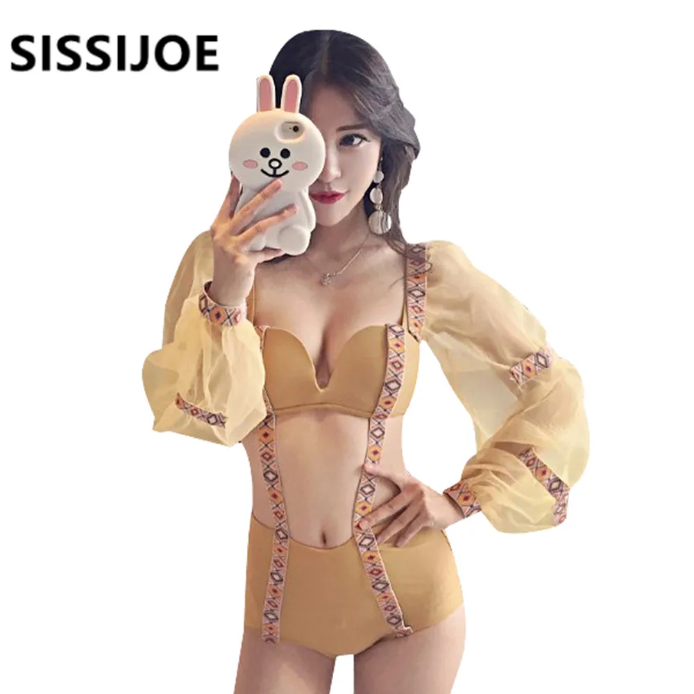 Сексуальный желтый сетчатый трикини с длинным рукавом Бишоп бандажный купальный