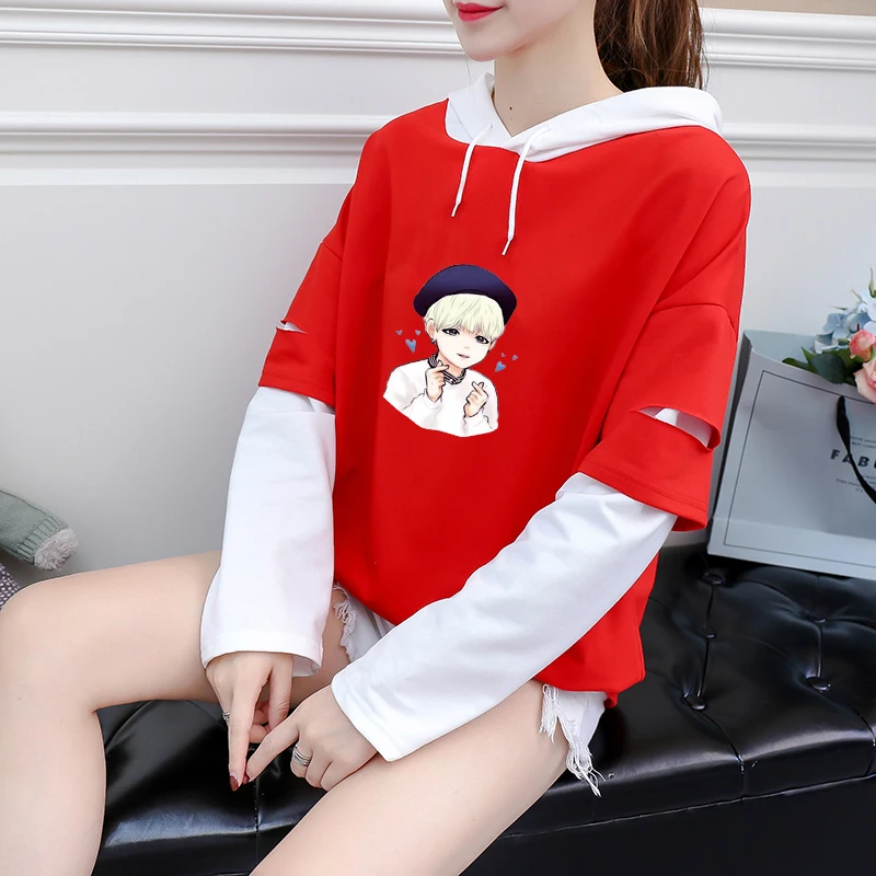 Модные СУГА Для женщин майка новый осенний Kpop каваи мультфильм печати с длинным рукавом Сращивание