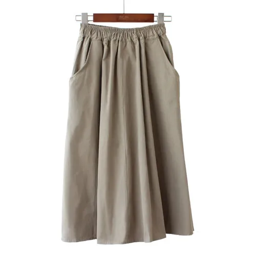 army green Миди юбка Женская Новая мода эластичный пояс боковые карманы Ruched Sun Falda Женская Повседневная однотонная имперская трапециевидная хлопковая юбка - Цвет: army green