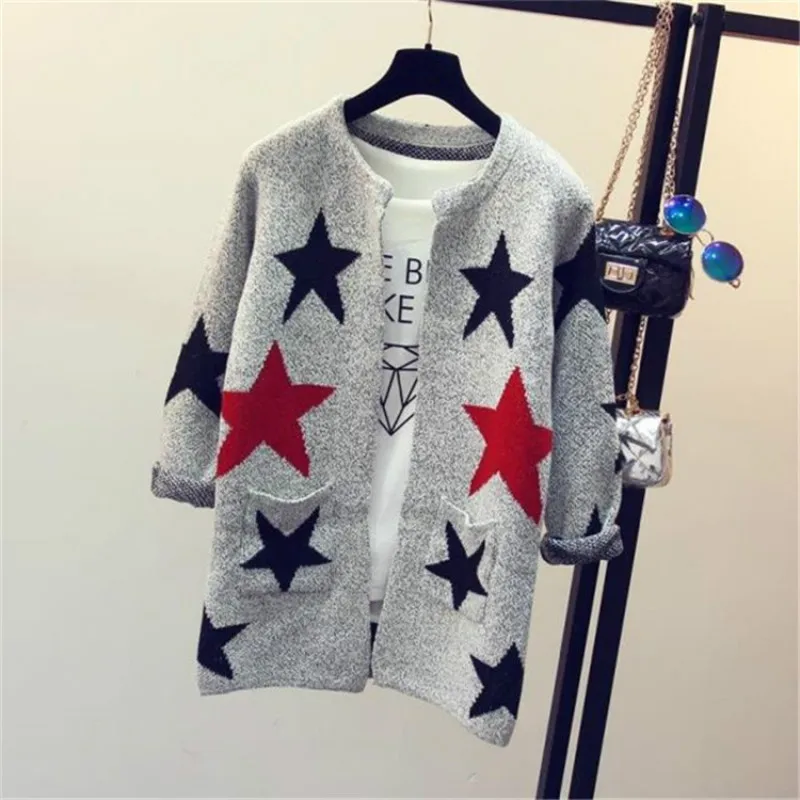 2017 Fashion Star Pattern Cardigans Female Sweaters Long Sleeve Knitted Slim Women Sweater Cardigan |