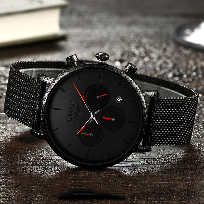 LIGE Fashion Thin Mens Watches Top Brand Luxury Quartz Watch Men Casual Slim Mesh Waterproof Sport Black Relogio Masculino | Наручные