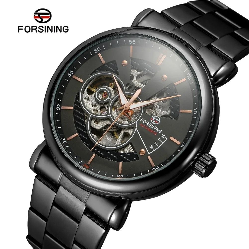 

Fashion FORSINING Top Men's Automatic Movement Casual Skeleton Brand Analog Display Watch Full Gold Black Stainless Steel Sport