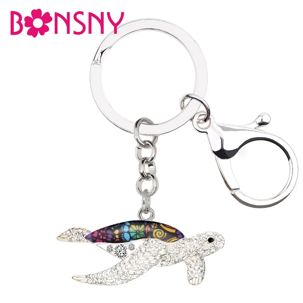 

Bonsny Enamel Metal Ocean Sea Turtle Tortoise Key Chains Keychains Ring Rhinestone Animal Jewelry For Women Girls Bag Car Charms