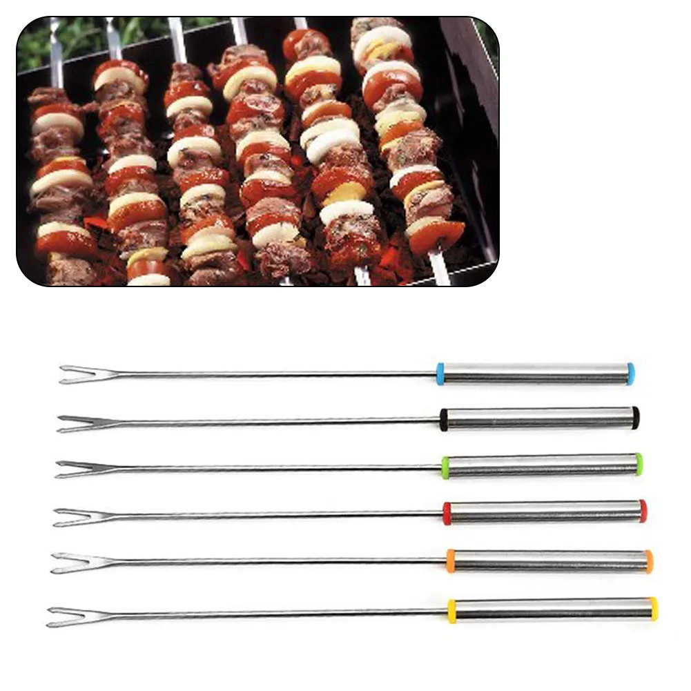 6pcs Portable Heat Resistant Handle Barbecue Fork Lengthen Fruit Professional Chocolate Outdoor Camping Cheese Stainless Steel | Дом и сад